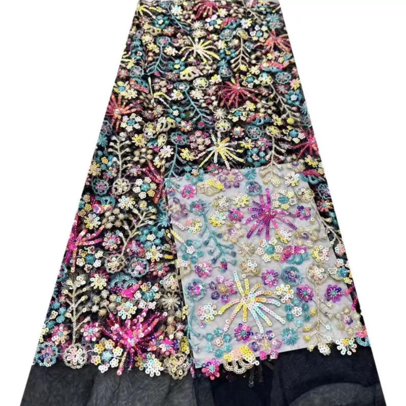 彩色重工烟花雪花亮片蕾丝面料钉珠点缀童装礼服演出服珠绣面料