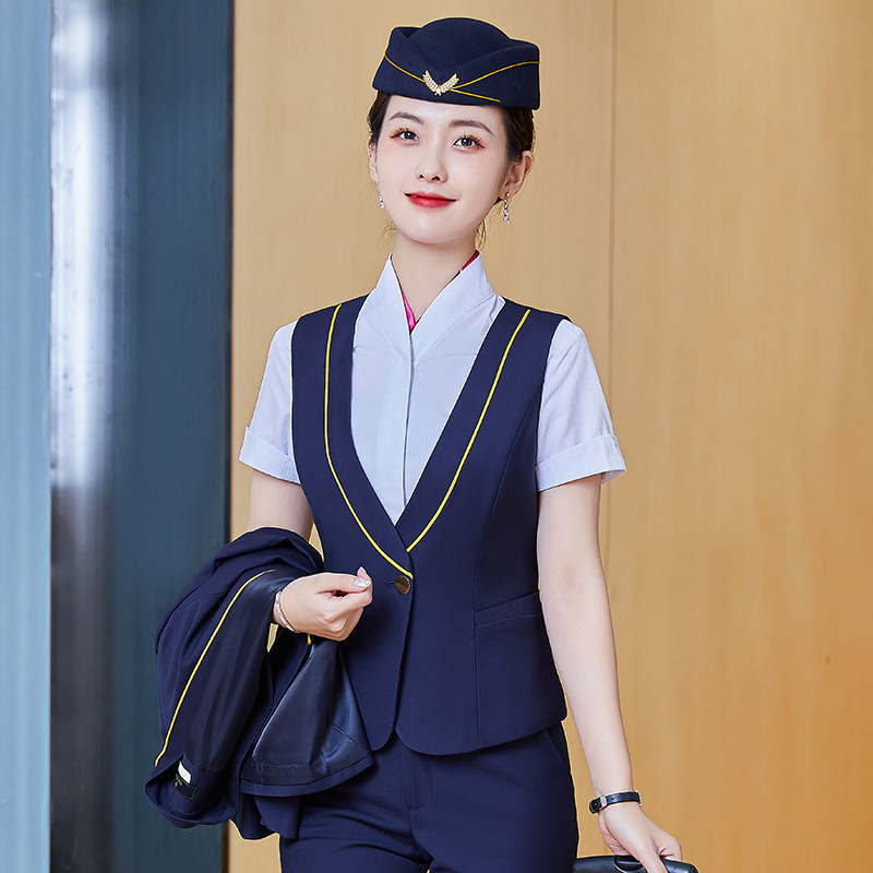 2022春夏职业装女马甲套装酒店前台工装高铁航空空姐制服职校校服