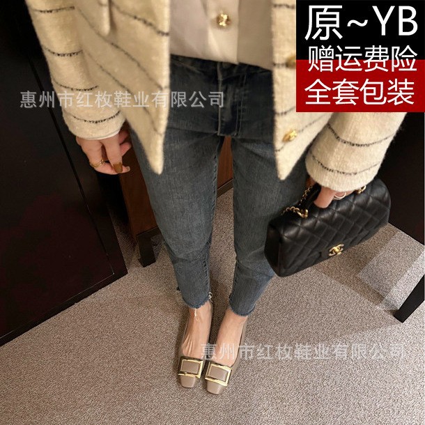 High-End Version~ Square Buckle Rv Single Shoe with Chunky Mid-Heel, Square Toe, Metal Accents, Same Style, Shallow Mouth, Genuine Leather, New Women's Patent Leather Shoes