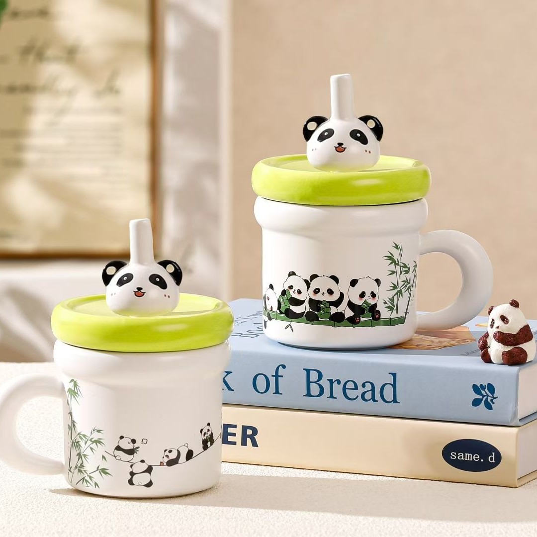 Creativo dibujos animados panda de paja de cerámica taza de agua regalo de mano taza de café encantadora taza de oficina de alto valor facial taza