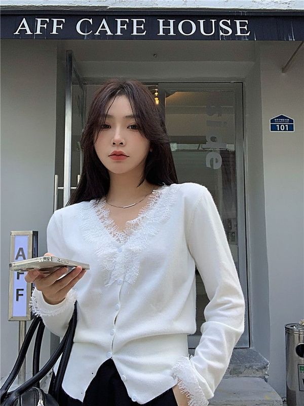 早秋甜辣蕾丝拼接针织开衫女法式大衣内搭高级感毛绒打底衫上衣冬|undefined