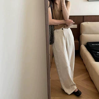 靓依轩老钱风原麻色天丝亚麻裤子女2026复古轻薄透气阔腿裤长裤夏
