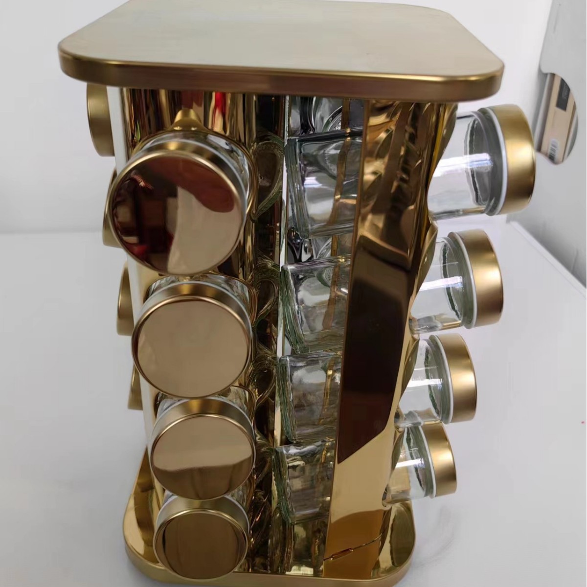 Juego de 12 Frascos de Vidrio para Condimentos con Soporte Giratorio, Cabeza Cuadrada Negra, Cabeza Redonda, Acero Inoxidable