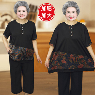 Summer Middle-Aged and Elderly Women's Clothing, Mother's Clothing, Short-Sleeved T-Shirts for Fat Ladies, 150kg Suits, Loose Tops for the Elderly, Grandma's Clothing