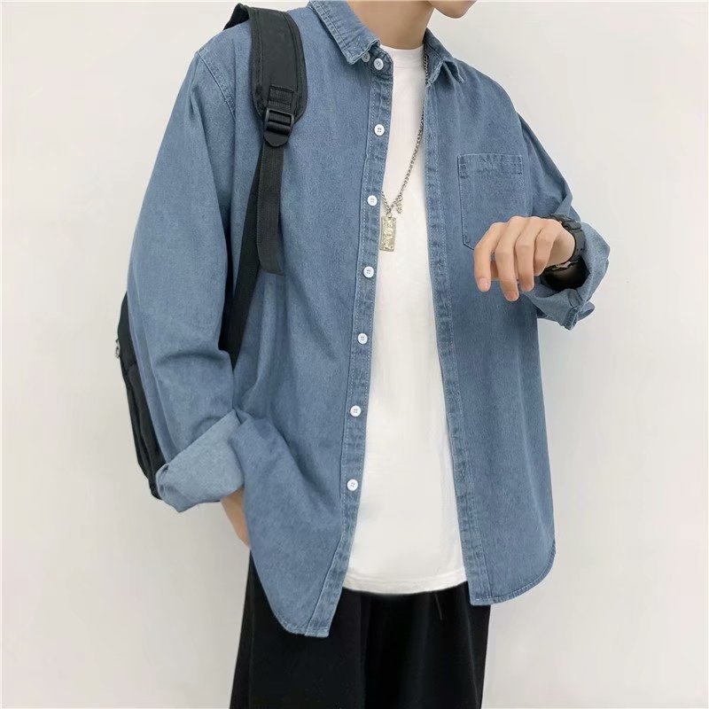 Camicia a maniche lunghe larga in denim, tendenza primavera e autunno, giacca casual alla moda maschile_voghion.com