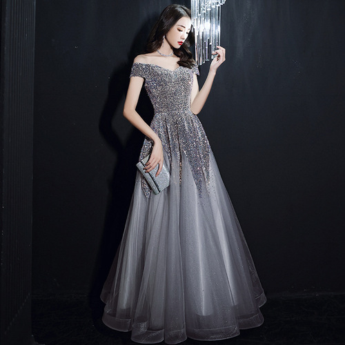 Silver pink sequins evening dress female temperament party socialite sequins word shoulder long dress is the annual meeting of the host singers color piano dress