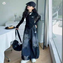 女童牛仔裤套装2025秋季新款直筒裤兔子耳朵萝卜裤内搭打底两件套