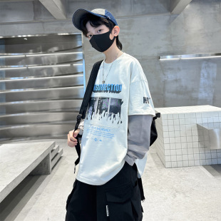 Boys' handsome fried street fake two-piece sweater thin t-shirt spring 2025 new big boy long sleeve t-shirt spring and autumn