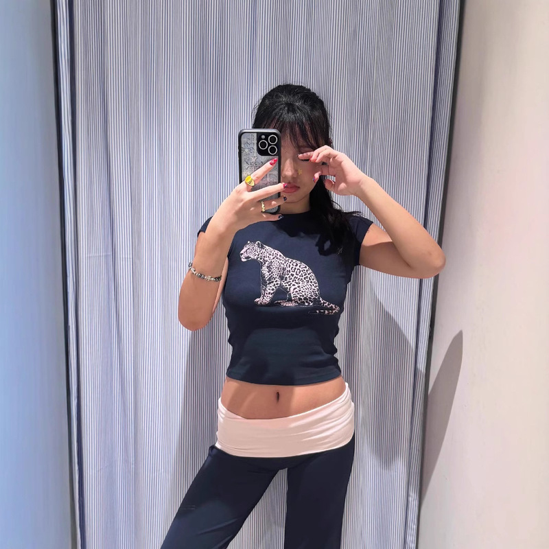 Summer New South Korea Ins Popular Leopard Print Slim-fit Slimming Shoulder Short Round Neck Short-sleeved T-shirt for Women
