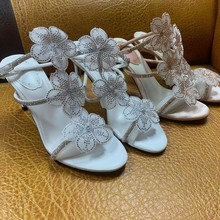 欧美水钻花朵仙女高跟鞋夏季新款重工闪钻一字带细跟性感露趾凉鞋