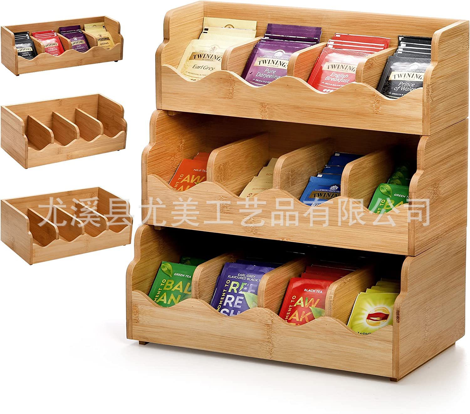 Bolsa de té de bambú estante de almacenamiento de tres capas multi-rejilla bolsa de café estante de almacenamiento sala de té escritorio bolsa de té estante de almacenamiento