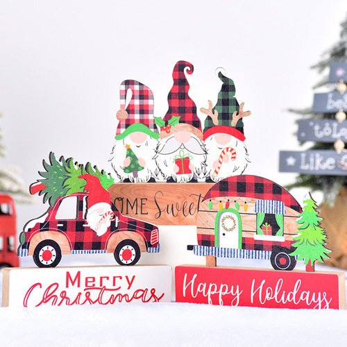 New Christmas Decorations, Hand-painted Wooden Ornament, Christmas Car with Rudolph Pattern, Faceless Santa Figure Christmas Ornament
