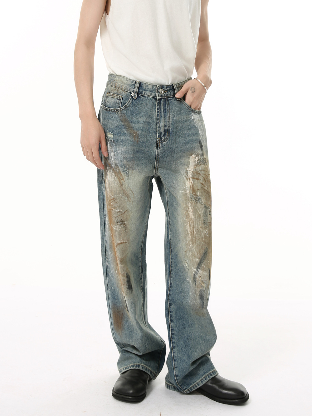 MTLCLOTHES Ropa de hombre | Personalidad de nicho, industria pesada callejera, viejo, teñido sucio, graffiti, jeans lavados, moda casual