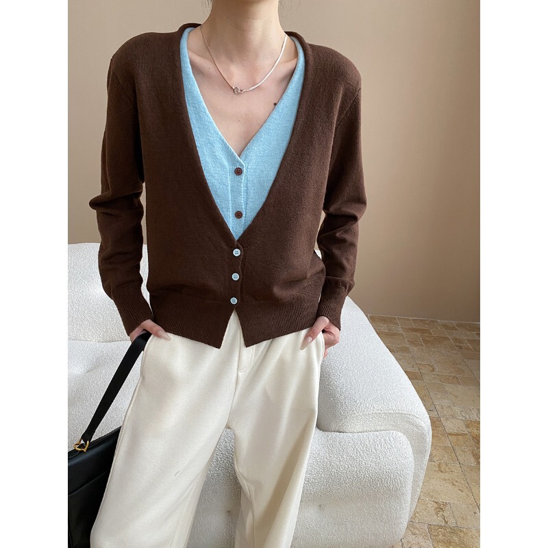 Sinan Layered Aesthetics Niche Design Color-Block Fake Two-Piece V-Neck Slimming Knit Cardigan Sn7886