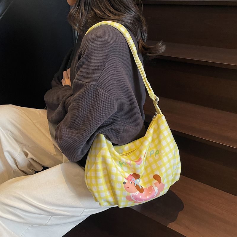 New cute Dachshund box checkered single-shoulder bag for girls, cartoon crossbody canvas bag for girls, and commuting bag for girls' classes undefined