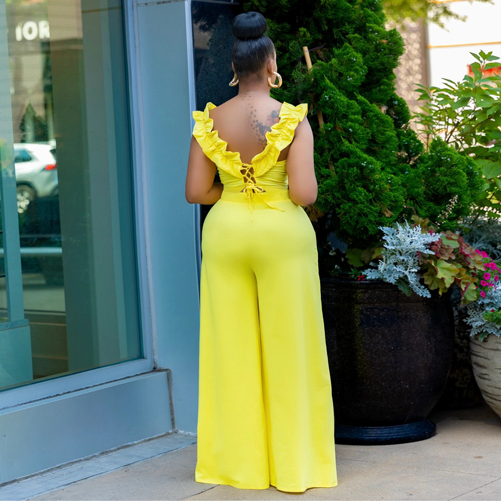 Elegant Women's One Shoulder Ruffled Slim Fit Jumpsuit Solid Colour_voghion.com