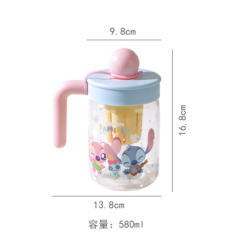 Taza de vidrio de separación de té Stitch nueva taza de paja de vidrio de borosilicato taza de té de dibujos animados taza de agua con fugas de té