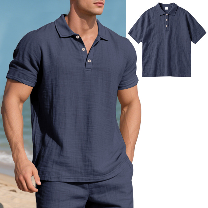 Transfronterizo europeo y americano verano hombres estilo británico tendencia suelta lino transpirable casual solapa hebilla camisa POLO manga corta