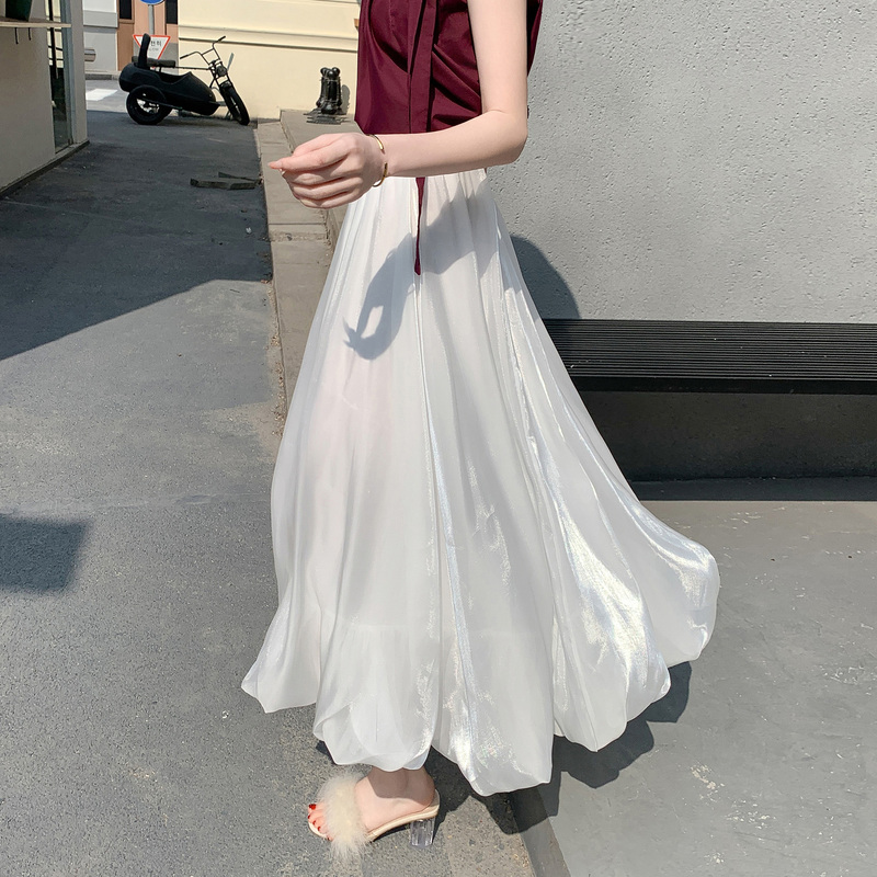 White Satin Flower Bun Skirt Women's Summer High Waist Dosing Streamed Gauze Skirt Large Swing A- Line Mid-Length Skirt White Satin Flower Bun Skirt Women's Summer High Waist Dosing Streamed Gauze Skirt Large Swing A- Line Mid-Length Skirt