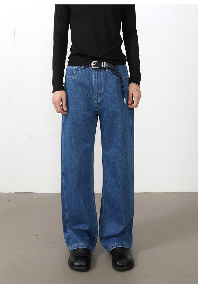 Quần jean nam ống rộng dáng suông thoải mái kiểu Mỹ, vải denim xử lý giặt mài, lưng trung, dài quần — Xanh da trờicolor, Xám đen, màu xám nhạt chi tiết 14