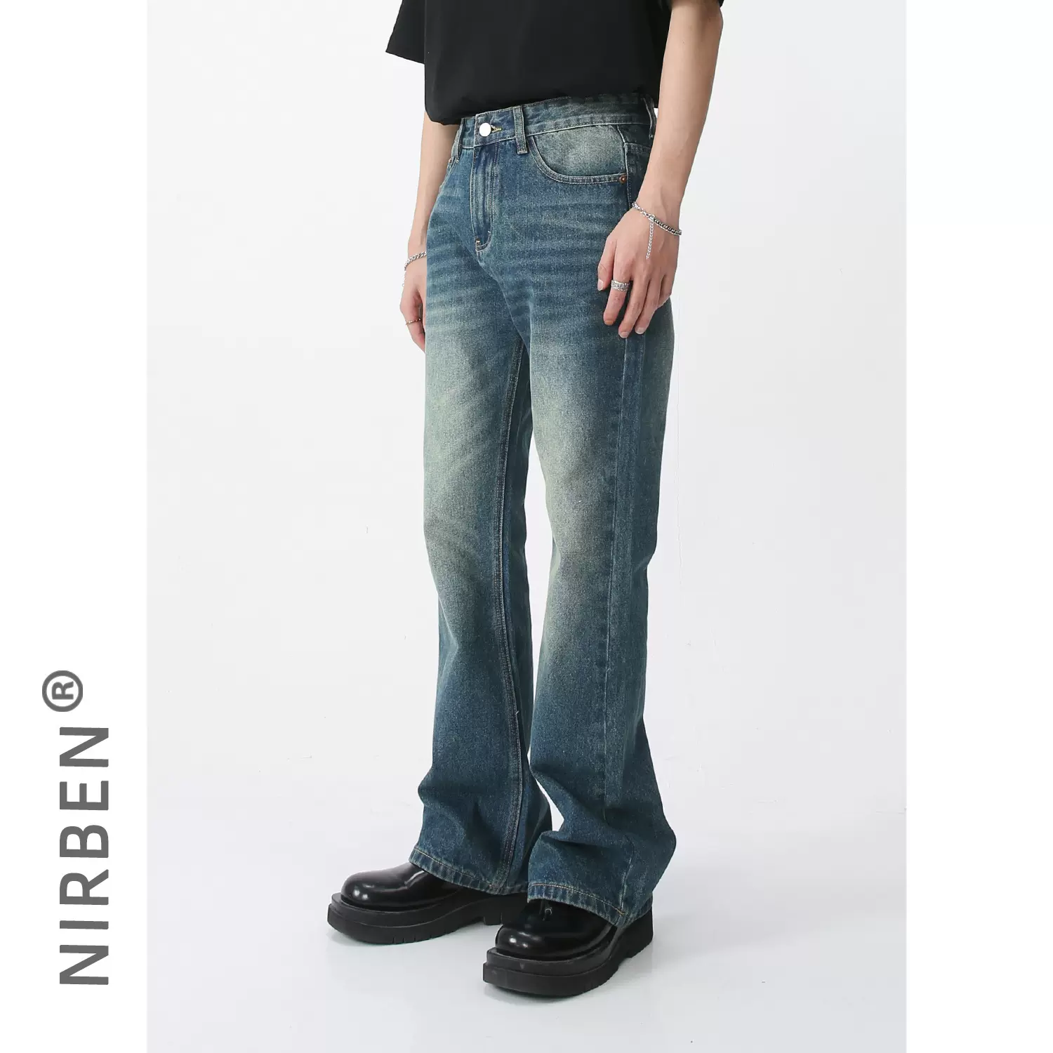 nirben牛仔|新款韩版潮流个性直筒微喇叭牛仔裤男