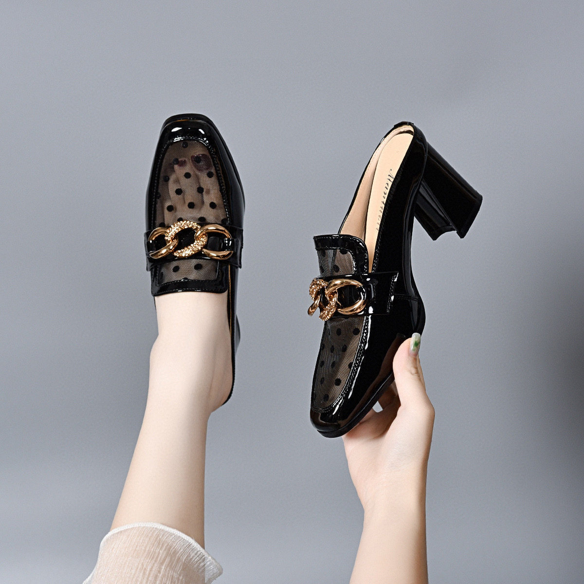 Dép sandal nữ mũi kín lưới thoáng khí gót thô 4 cm phong cách Anh — Màu trắng gạo - 4 cm