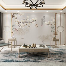 中式花鸟电视背景墙壁纸卧室客厅现代简约墙布影视墙纸卧室床壁画