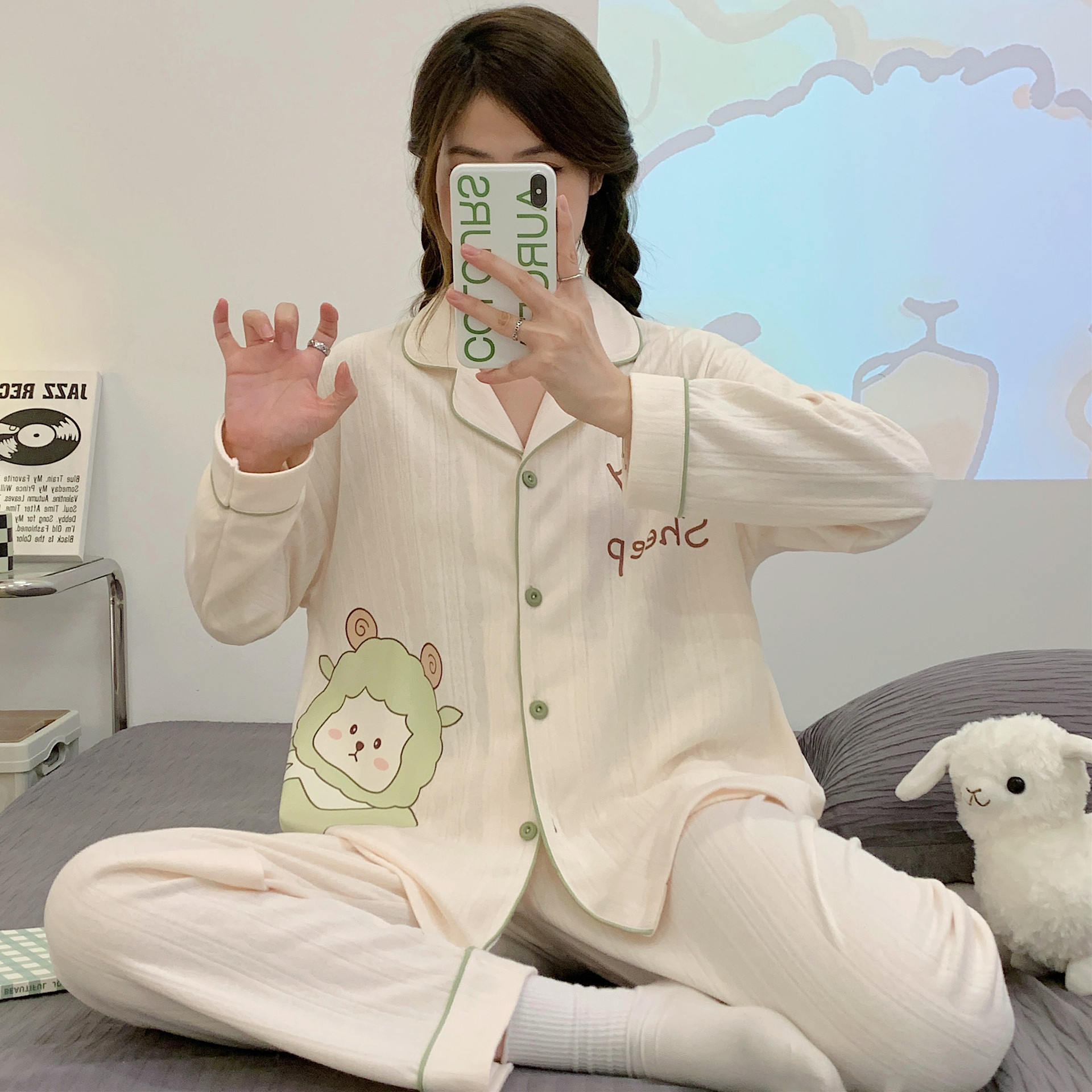 Japón ins pijama de dibujos animados mujeres peinado jacquard algodón otoño invierno manga larga adorable chica dulce conjunto de ropa de casa