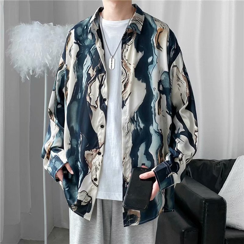 Batik-Druckhemd, langärmliges Herrenoberteil in koreanischer Version mit lockerem Drapierung, leichter, reifer Stil für Frühling und Herbst_voghion.com