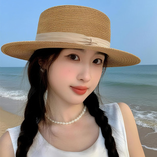 Sweet Style Flat-Top Straw Hat for Women, Summer Sun Hat with Large Brim, Sun Protection Hat, Beach Hat