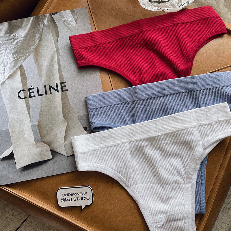 Women's Underwear European and American Ribbed Cotton Sexy Mid-High Waist Half-Covering Hip Thong Brazilian Pants Comfortable Large Size Sports Fitness