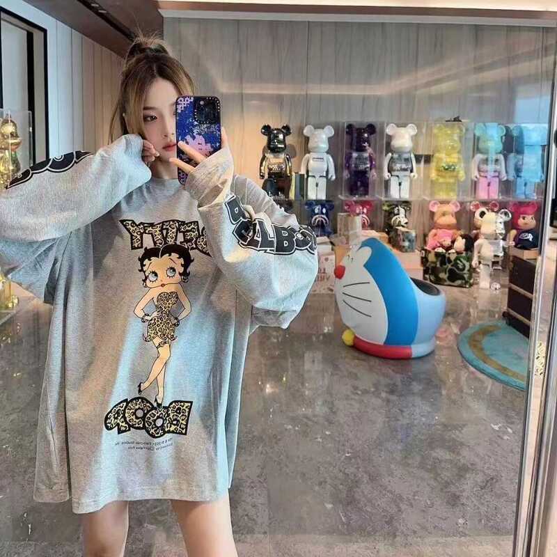 plus size Women's 150.00kg chubby girl Mid-length Slimming Hot Betty Printed Long-sleeved T-shirt Women's Top