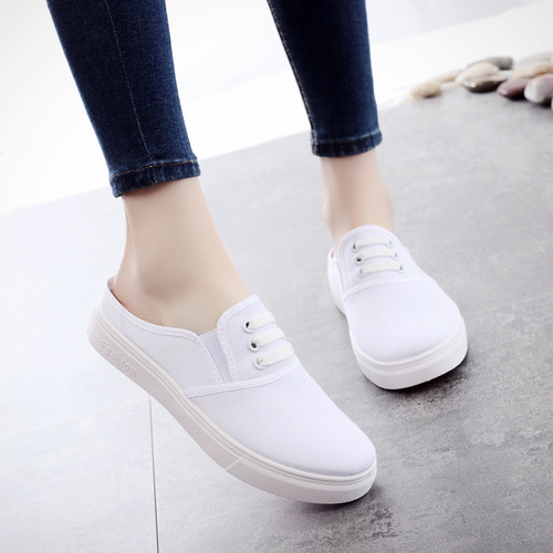Spring and summer half-slip canvas white shoes for women, students, heelless outer wear, Baotou lazy shoes, maternity sandals and slippers, trendy