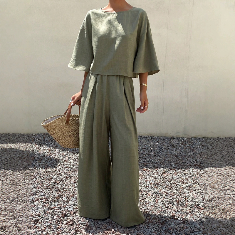 2026 European and American style, relaxed fit, breathable cotton-linen two-piece set, loose-fitting short-sleeved top, high-waisted casual wide-leg pants 2026 European and American style, relaxed fit, breathable cotton-linen two-piece set, loose-fitting short-sleeved top, high-waisted casual wide-leg pants