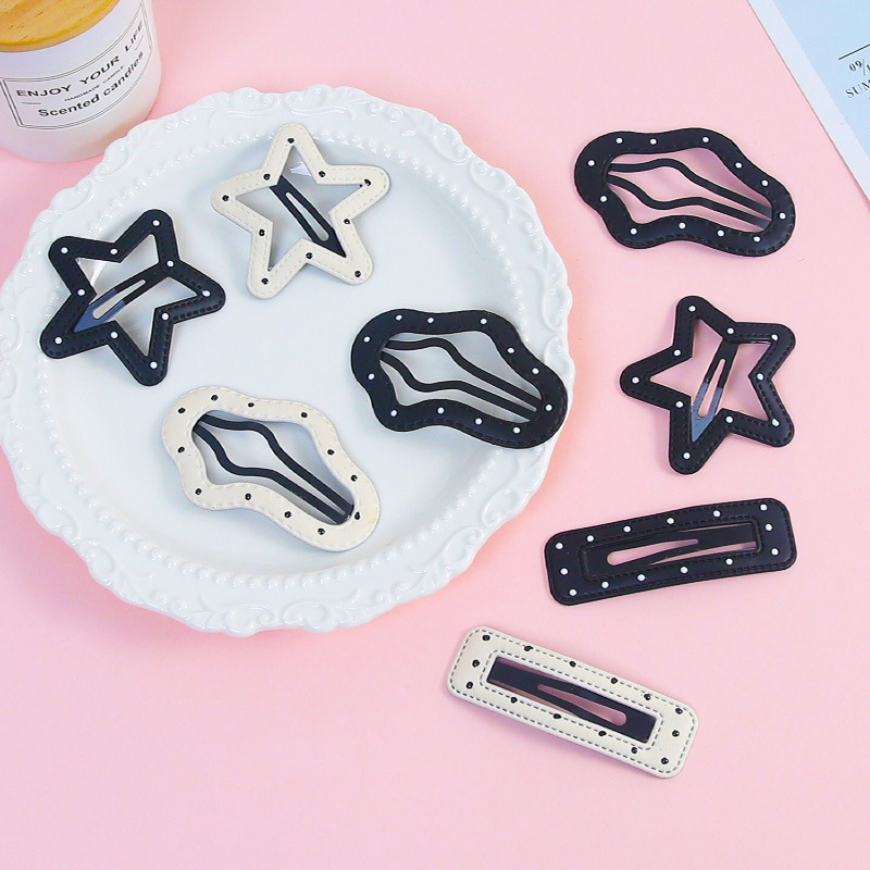 New Leather Black and White Polka Dot Star Hair Clip Cloud Side Clip Simple Versatile Bangs Clip Hairpin Hair Accessory for Women