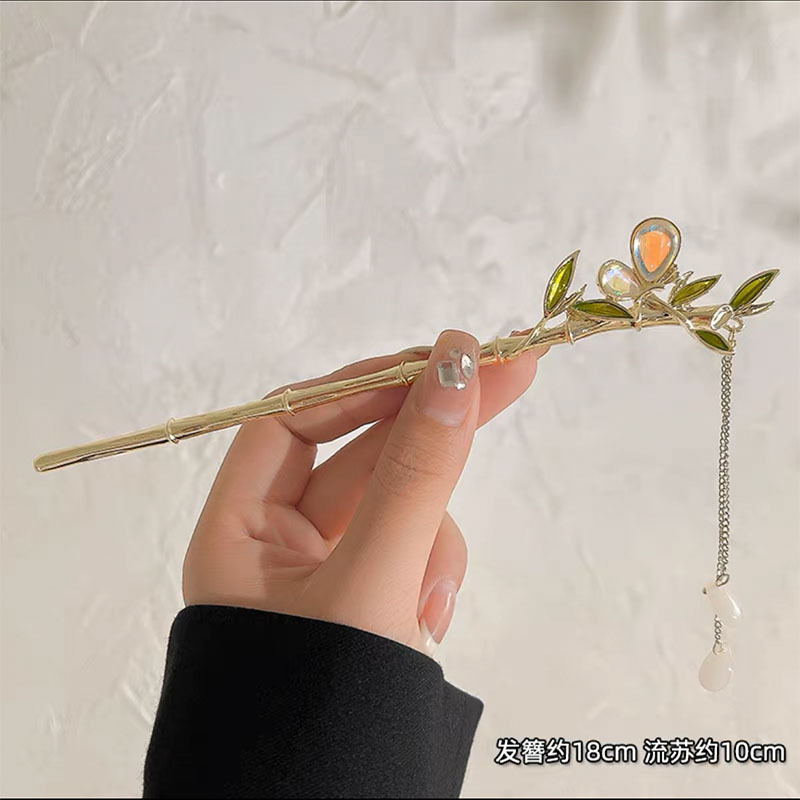 新款竹葉水滴流蘇髮簪古風后腦勺盤髮簪子復古氣質漢服步搖髮釵女