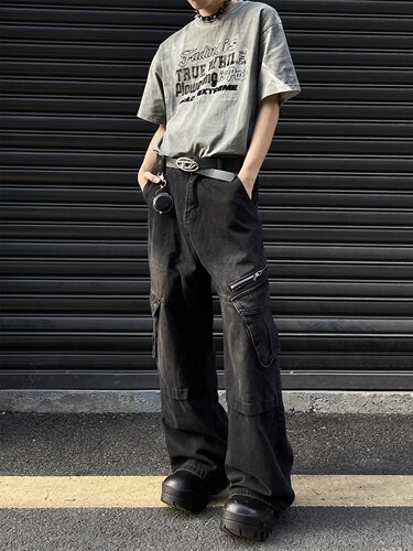 High Street Trendy Zipper Pouch Workwear Jeans for Men - Spring and Autumn New Arrival Loose Hip-Hop Floor-Length Wide Leg Pants
