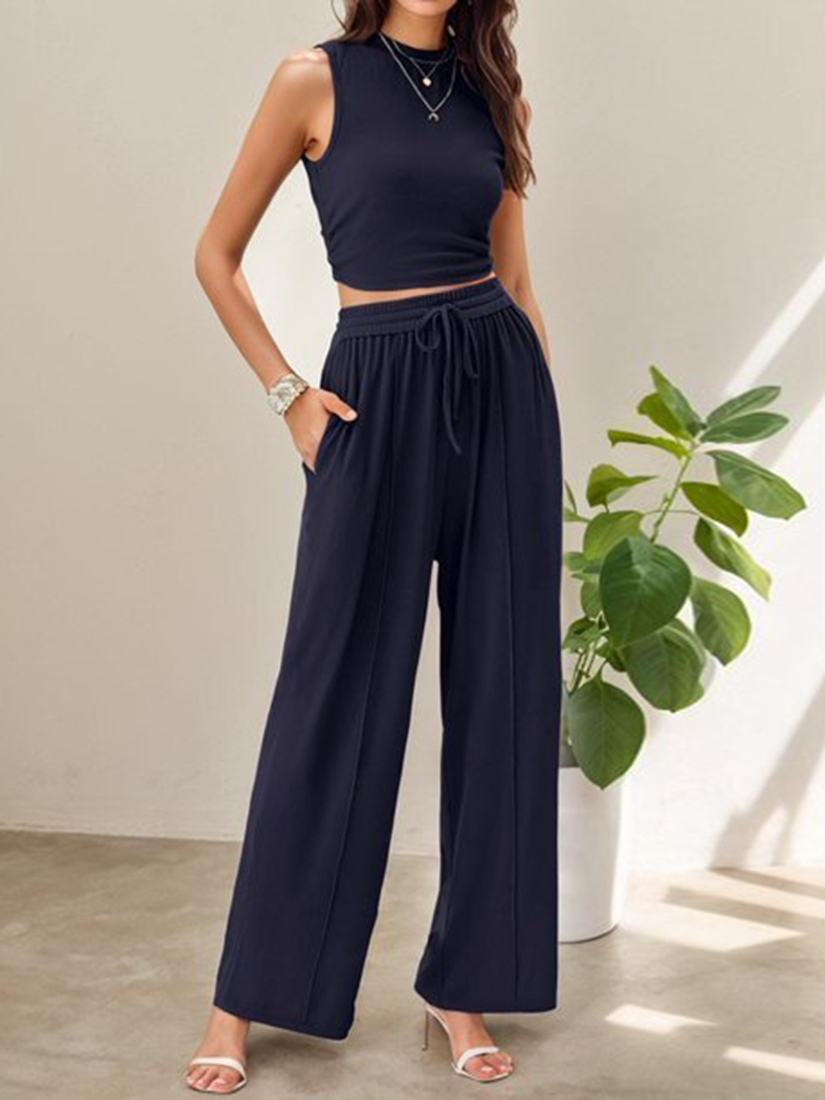 Women's Clothing Summer Leisure Suit Sleeveless Round Neck Short Slim Fit Top Wide Leg Pants Two Piece Suit_ecoleips.com