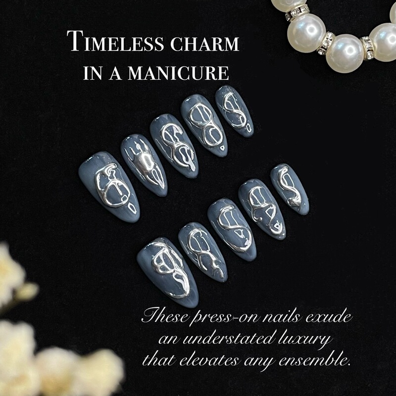 Cross-Border New Metal Dark Gray Blue Black Manicure Finished Product Hot Girl Sweet Cool Whitening Handmade Wearable Fake Wholesale