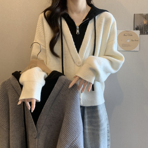 Fake two-piece short knitted cardigan for women in autumn and winter loose lazy style hooded sweater jacket design right shoulder top