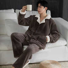 珊瑚绒睡衣男款冬季2025款毛领撞色咖色男士冬天简约家居服套装