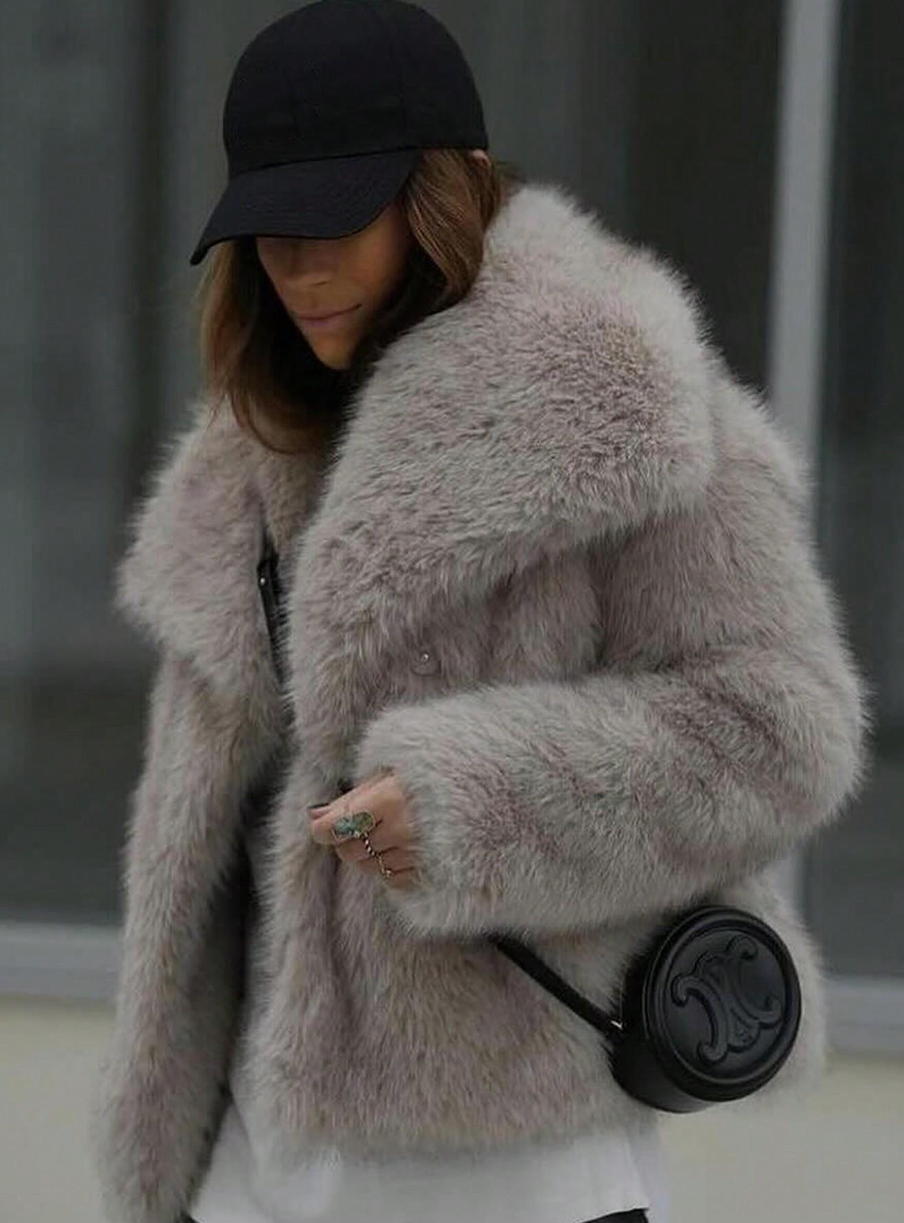 1743g Weight Faux Fur Coat Outerwear Type Long Sleeve Sleeve Length Polyester Fabric Type Regular Top Length Coat Tops Type Daily Occasion Turndown Neckline Loose Fit Type Solid Color Pattern Winter, Spring, Autumn Season Women's Gender Elegant Style Wine Red Color Women's Elegant Solid Color Coat Faux Fur Coat 19