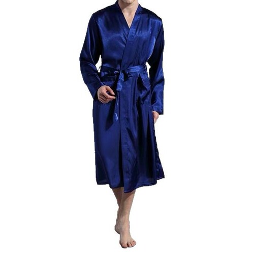 Exclusive Men's Solid Color Long Robe, Thin Open Front Sleep Robe, Loose Plus Size Long Sleeve Autumn Light Color Satin Bath Robe