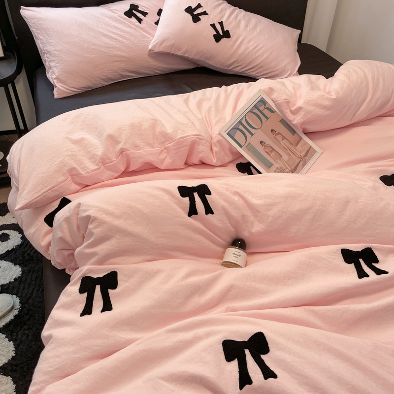 워시드 코튼 핑크 리본 [입체 타올 자수·매우 부드러운 워시드 코튼·걱정 없이 알몸으로 자도 좋음]