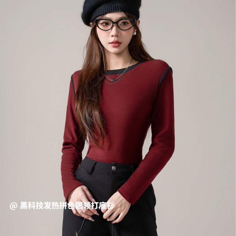 2025秋冬新款拼色圆领长袖磨毛打底衫女内搭外穿时髦亲肤软糯长袖|undefined