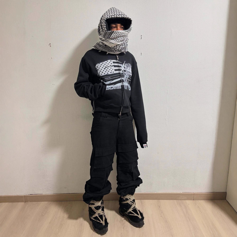 European and American Ins Cross-Border Trade Autumn and Winter Unique Hooded Zipper Sweatshirt Cardigan Men's Scarf Turtleneck Hooded Top