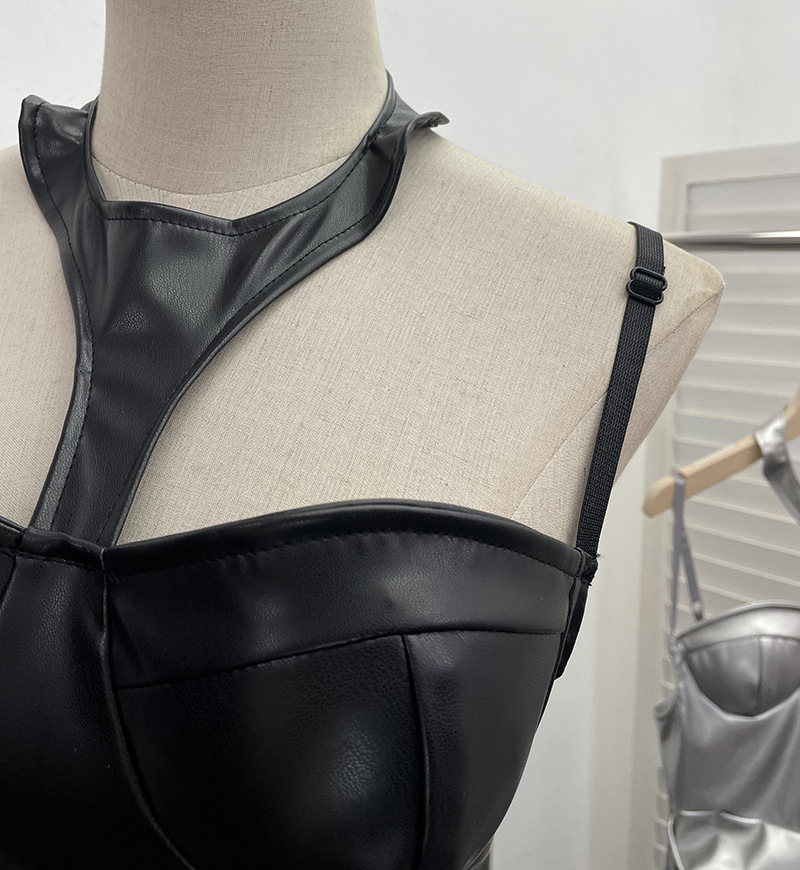 Chest Pad Halter Spaghetti Straps Dress Sexy Slim Fit Ruffle Hip Faux Leather Sexy 9 Chest Pad Halter Spaghetti Straps Dress Sexy Slim Fit Ruffle Hip Faux Leather Sexy
