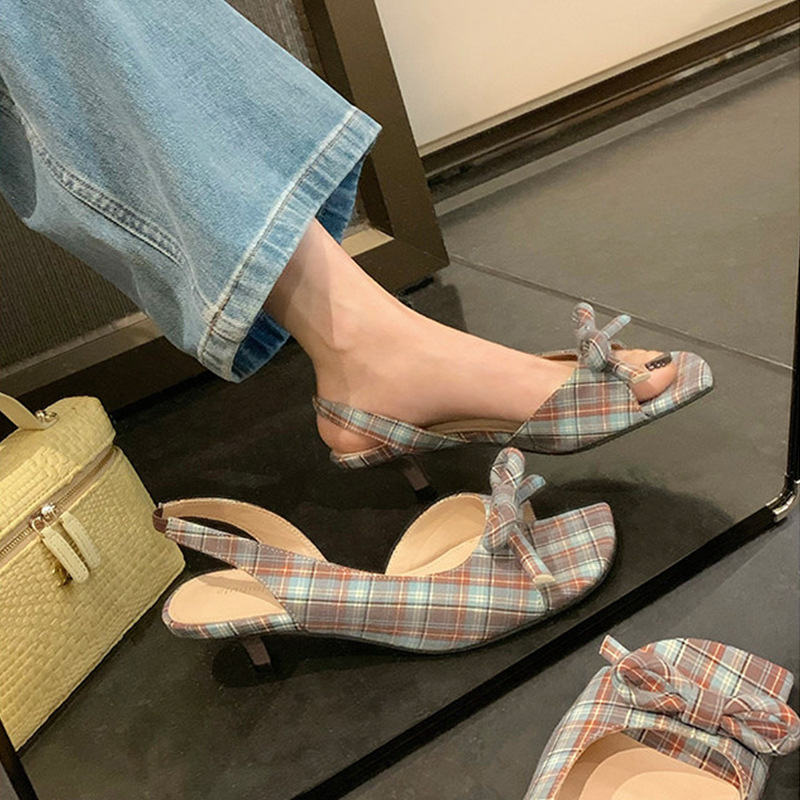 Soft Cowhide French-Style Sandals with a 5.5cm Heel~New Summer Style Square-Toe Three-Dimensional Bowknot Open-Back Open-Toe Sandals for Women