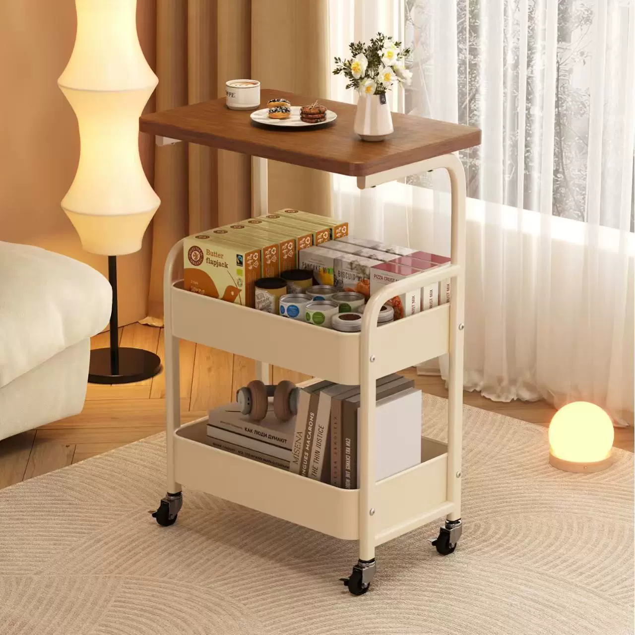可移动小推车复古床头柜置物架客厅茶几沙发边几储物架简易餐桌台