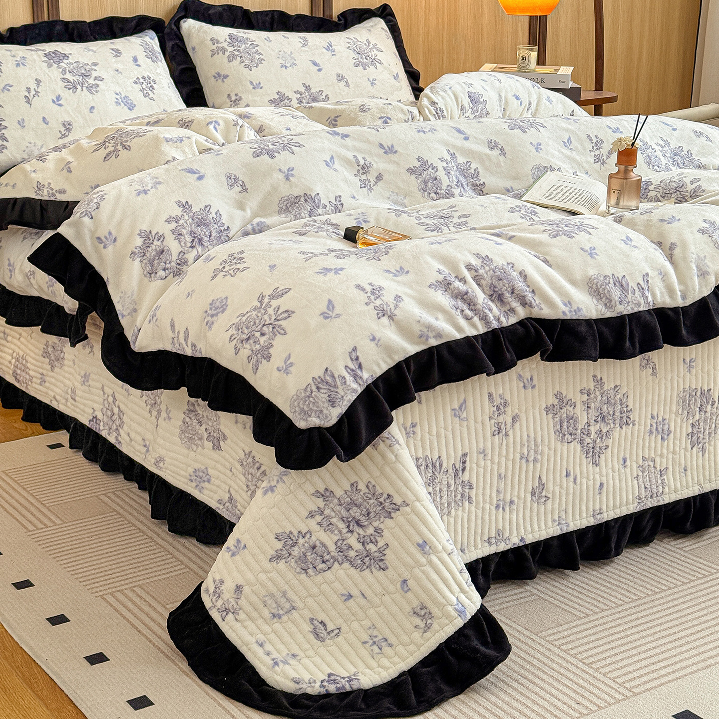 Nordisch-französischer Vintage-Boho-Bettbezug im französischen Stil aus Milchsamt mit Spitze, Einzelstück 150 x 200 cm, Herbst- und Winter-Bettbezug aus weichem Korallenfleece_voghion.com